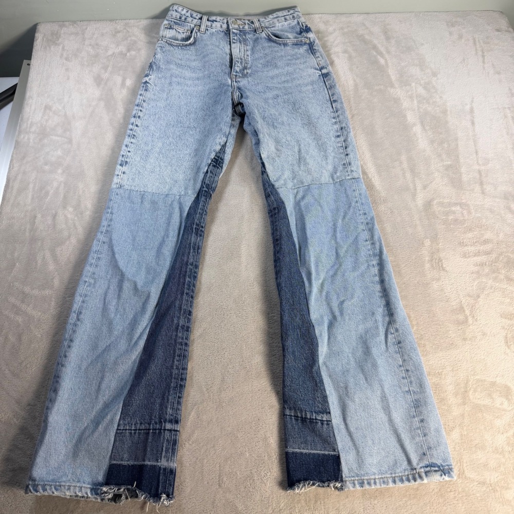 Zara Patchwork Two Tone Jeans Womens 6 Blue Cotton Denim Flared Raw Hem Flare